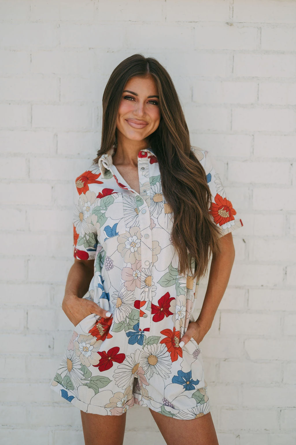 Reese Floral Denim Romper-Red Multi - Image 3