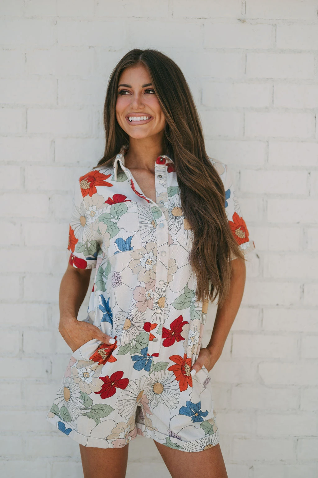 Reese Floral Denim Romper-Red Multi - Image 4