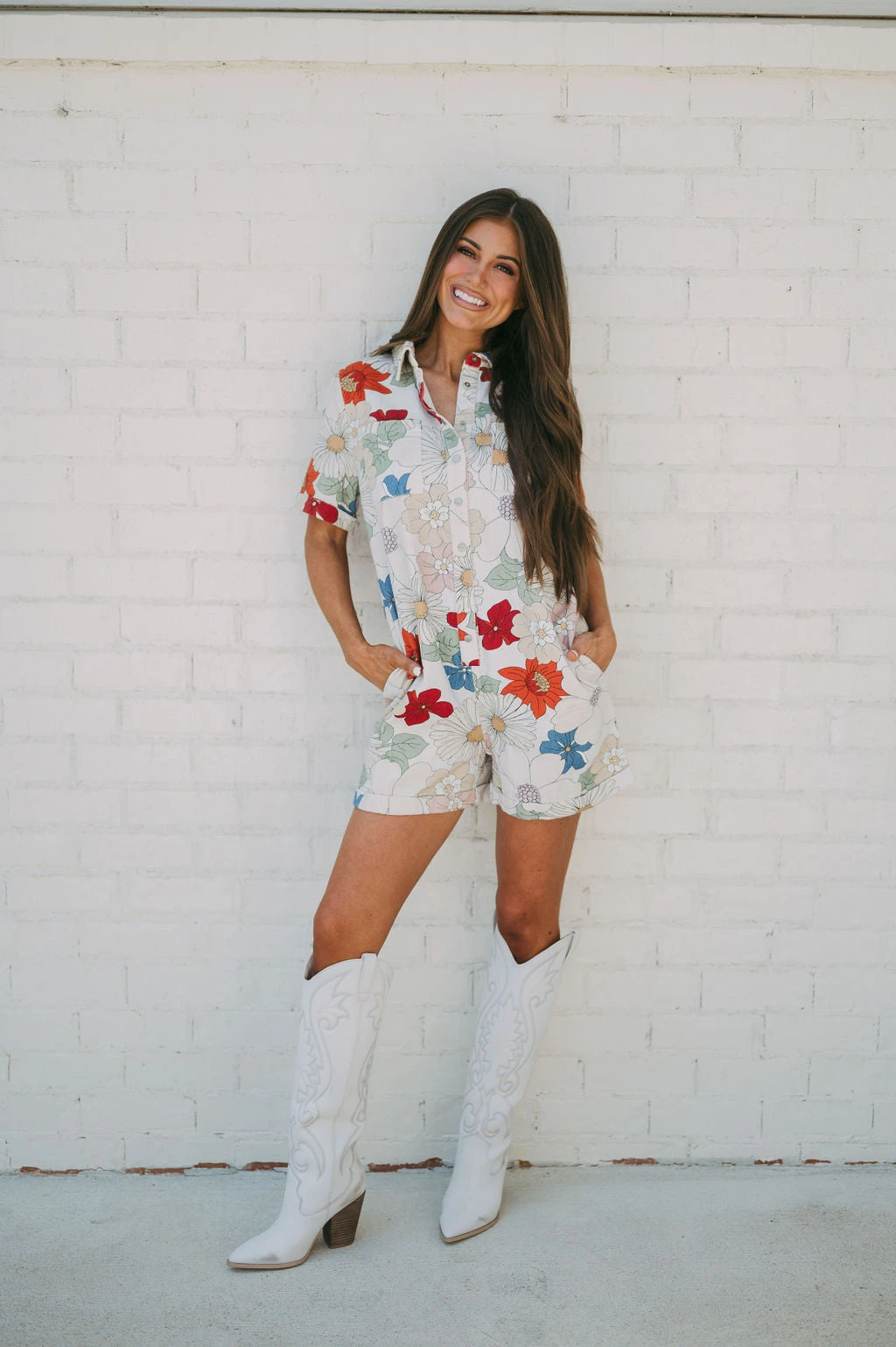 Reese Floral Denim Romper-Red Multi - Image 5