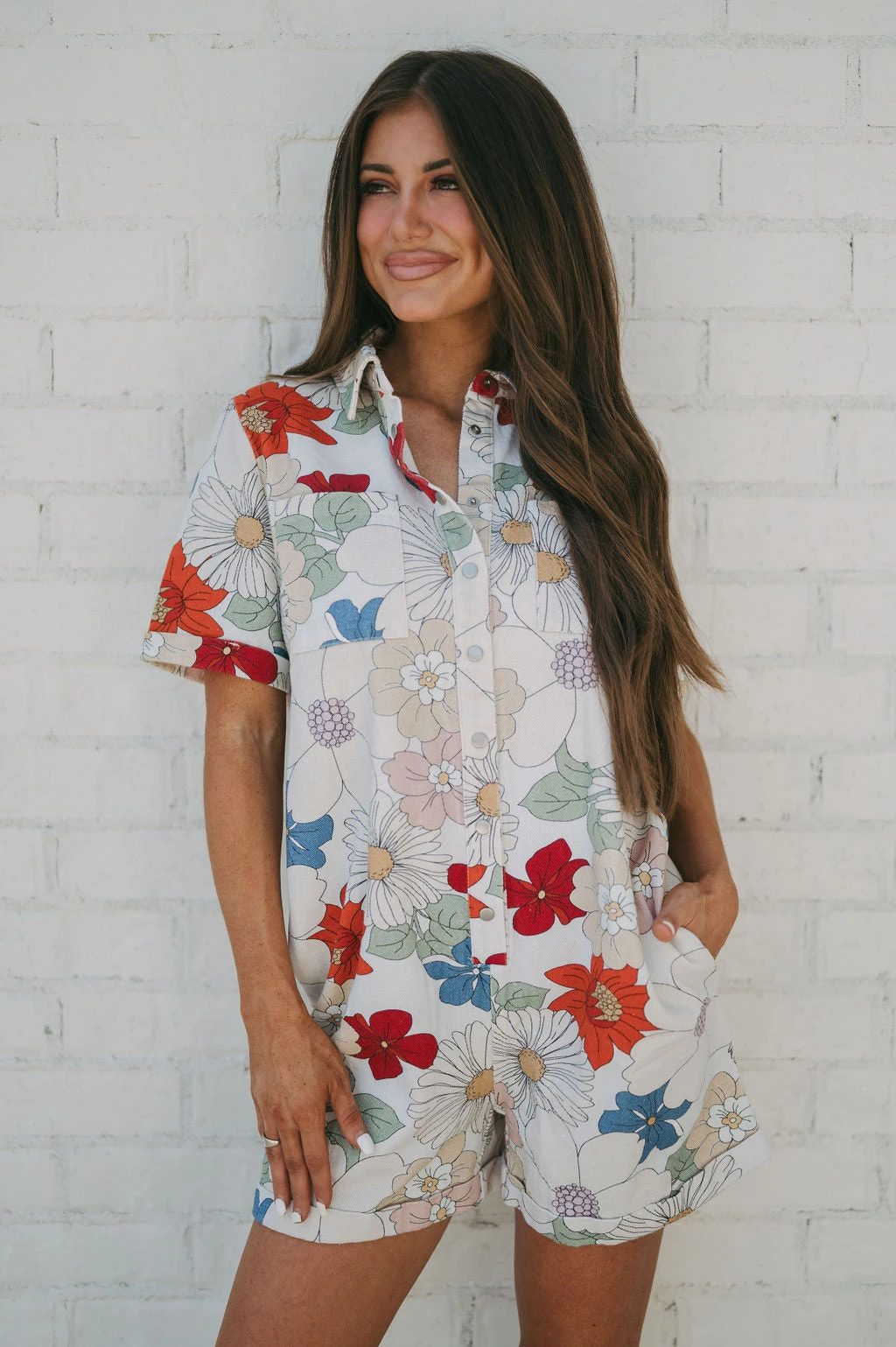 Reese Floral Denim Romper-Red Multi - Image 2