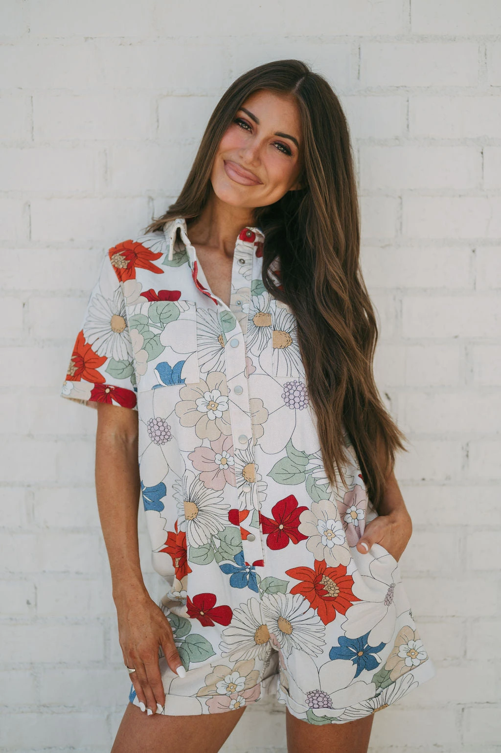 Reese Floral Denim Romper-Red Multi - Image 6