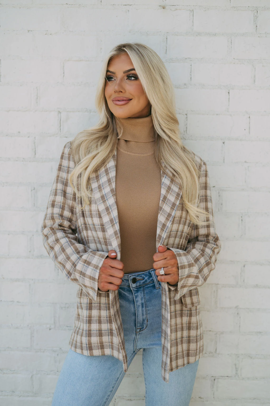Cozy Plaid Blazer- Taupe - Image 2