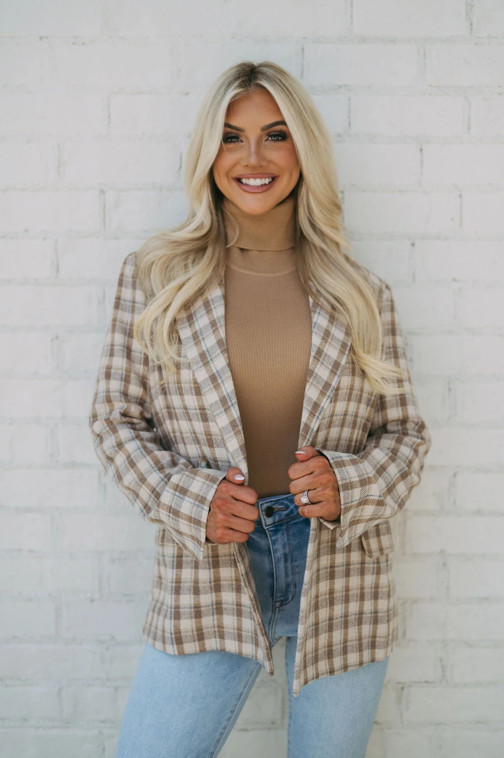 Cozy Plaid Blazer- Taupe - Image 3
