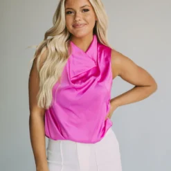 Satin Cowl Neck Sleeveless Top-Magenta