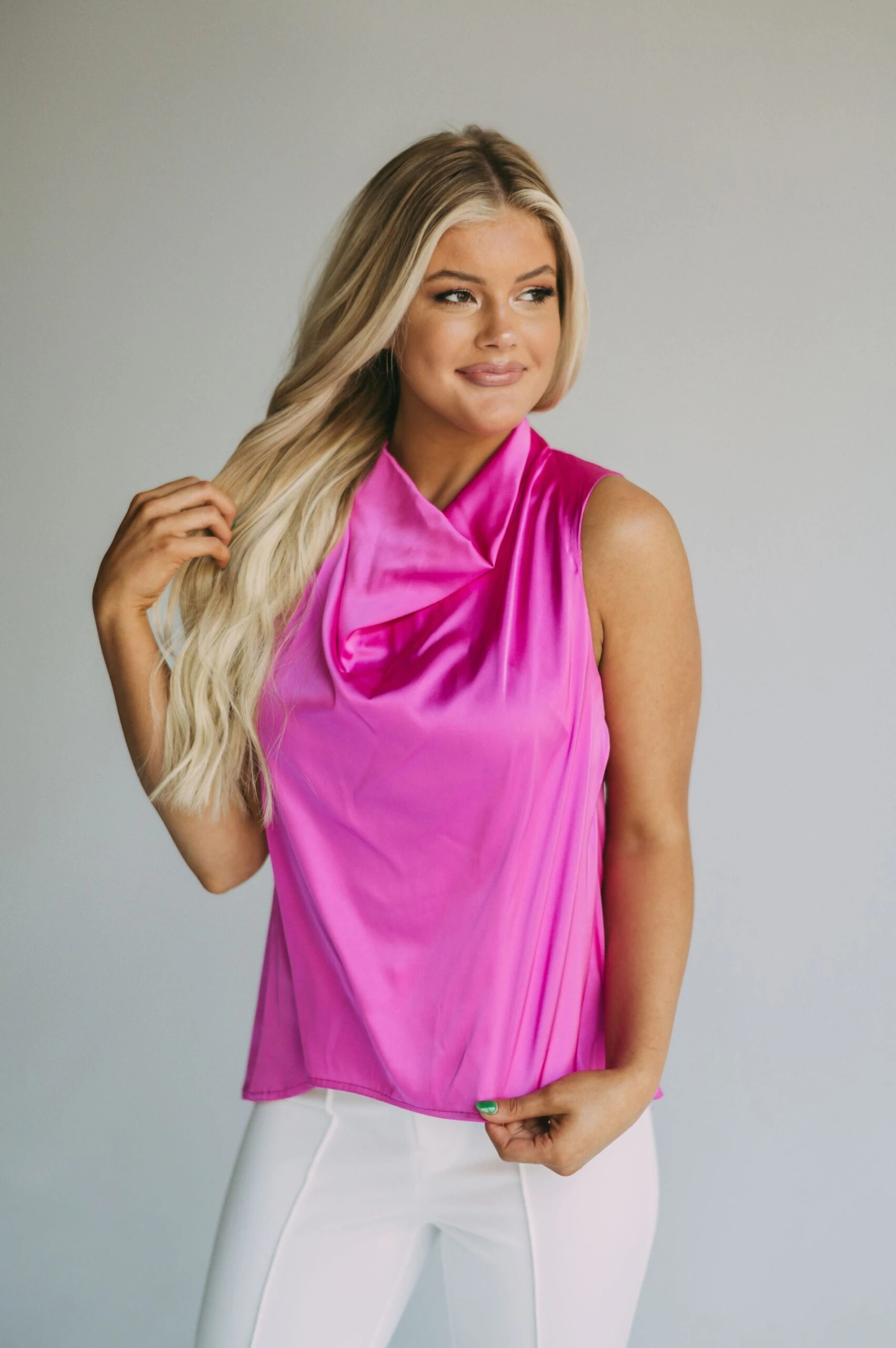 Satin Cowl Neck Sleeveless Top-Magenta - Image 2