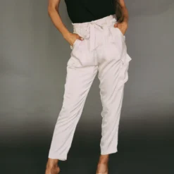 Paper Bag Waist Tie Pants- Beige