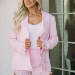 Lace Cuff Linen Blazer- Pink