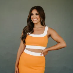 Retro Color Block Skirt Set- Orange/White