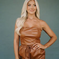 Johanna Faux Leather Tube Top-Brown