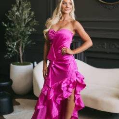 High Low Satin Dress- Fuchsia