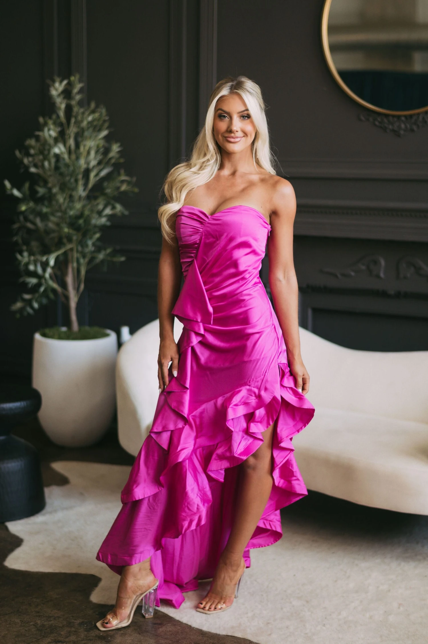 High Low Satin Dress- Fuchsia - Image 6