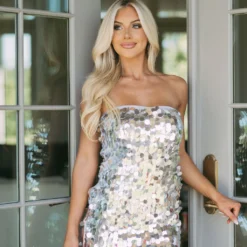 Strapless Disc Dress-Silver