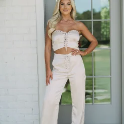 Lace Up Crop Top & Pants Set-Beige