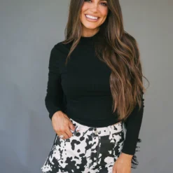 Fringe Sleeve Mock Neck Top-Black