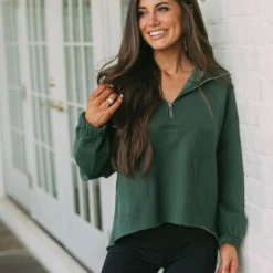 Collared Raw Edge Pullover-Hunter Green