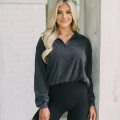 Mineral Washed Quarter Zip Pullover-Black