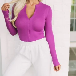 Quarter Zip Ribbed Top-Orchid