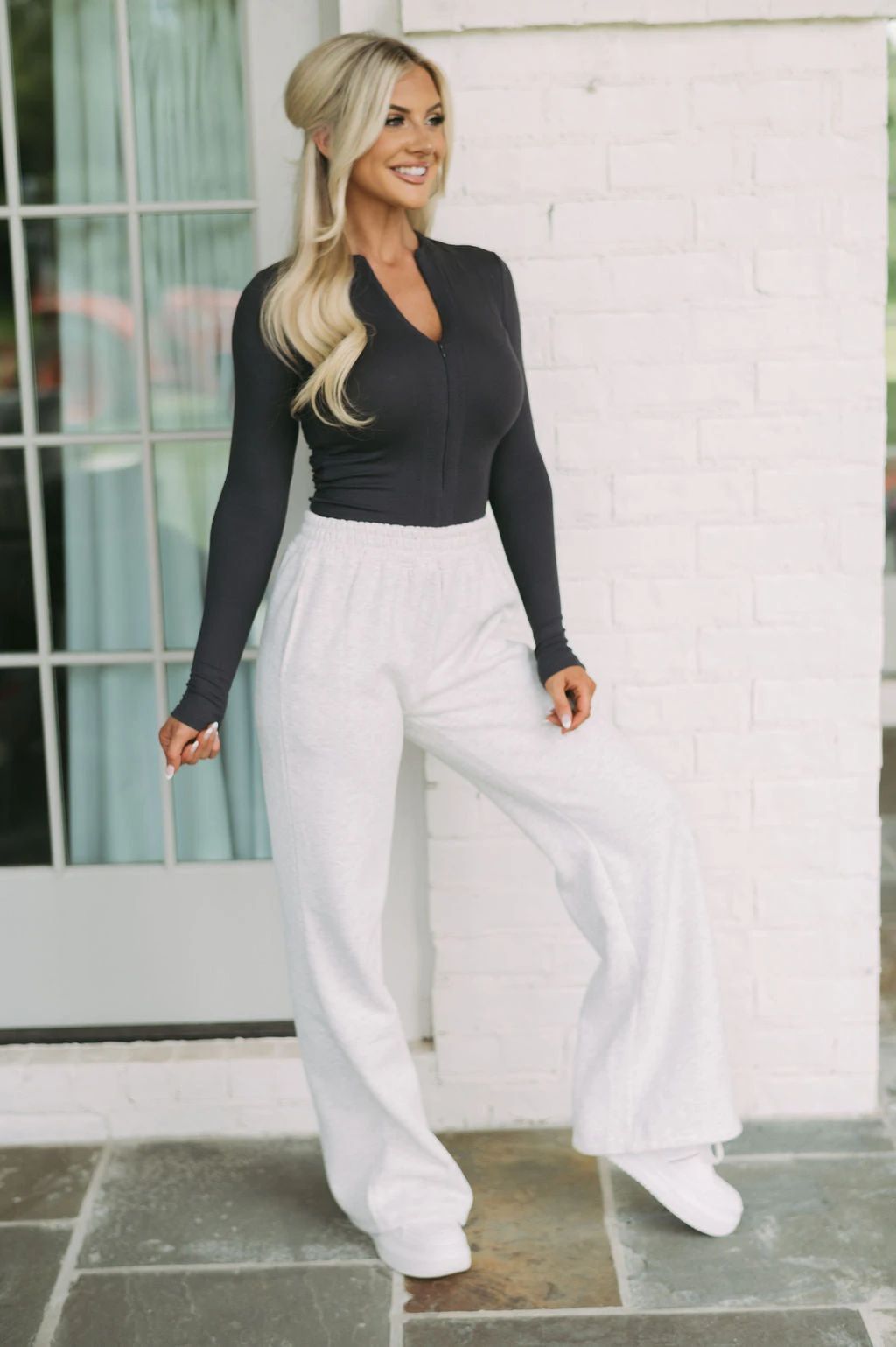 Quarter Zip Ribbed Top-Charcoal - Image 8