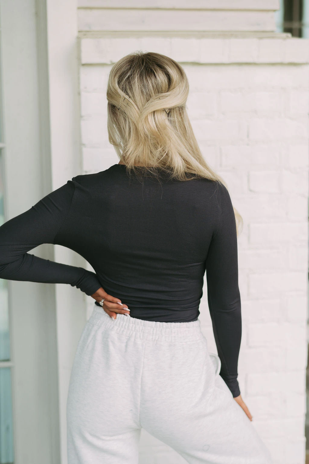 Quarter Zip Ribbed Top-Charcoal - Image 3