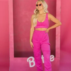 Terry Cloth Crop Top & Jogger Set- Pink