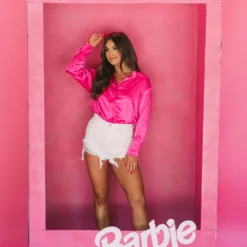 Satin Rhinestone Accented Button Down-Hot Pink