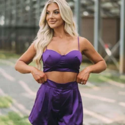 Satin Bustier Top & Shorts Set-Purple