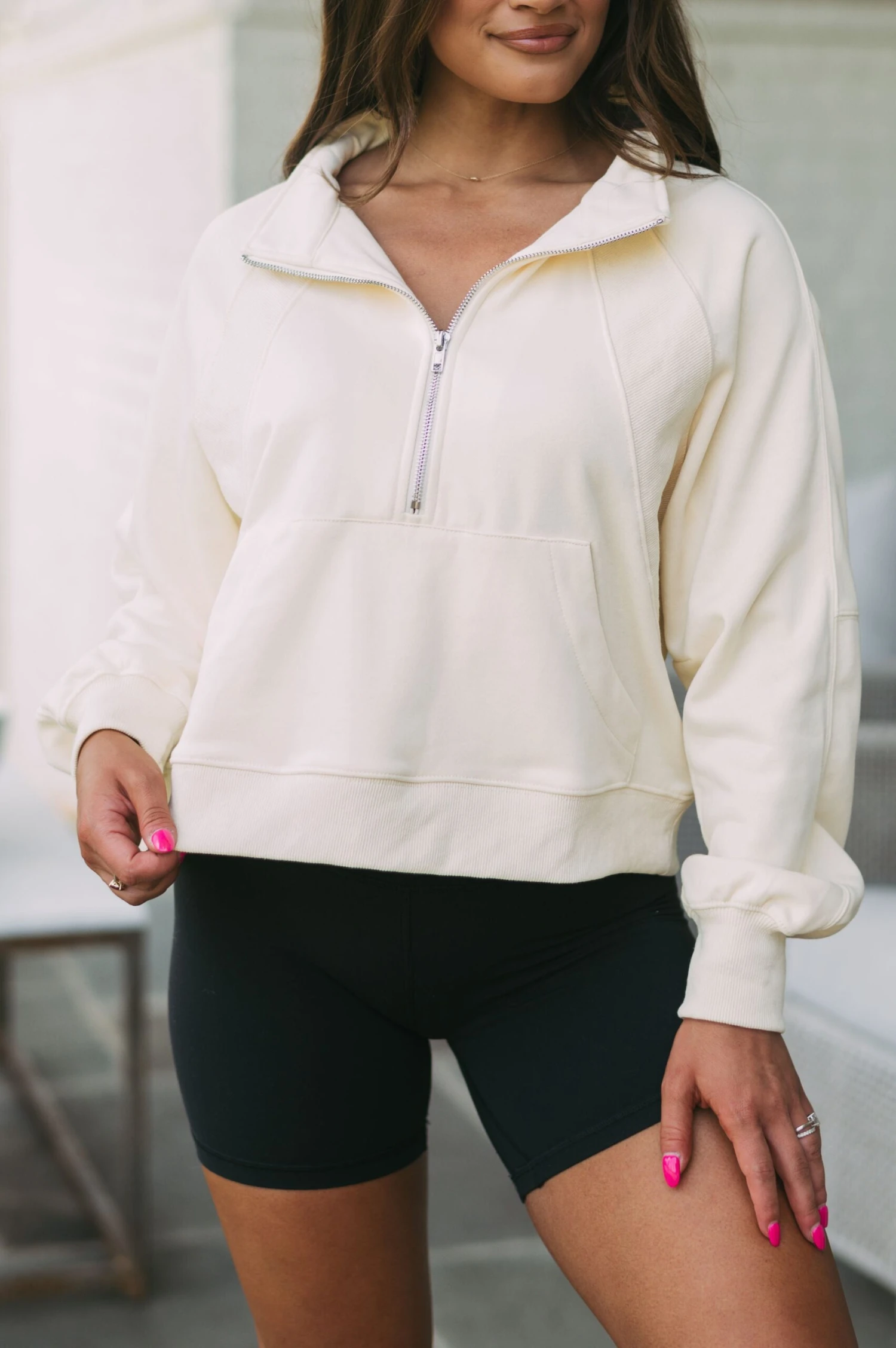 Quarter Zip Pocketed Pullover- Cream - Image 2