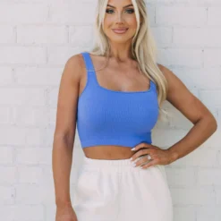 Ribbed Square Neck Crop Top- Blue Iris