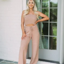 Soft Knitted Tube Top & Pants Set-Mocha