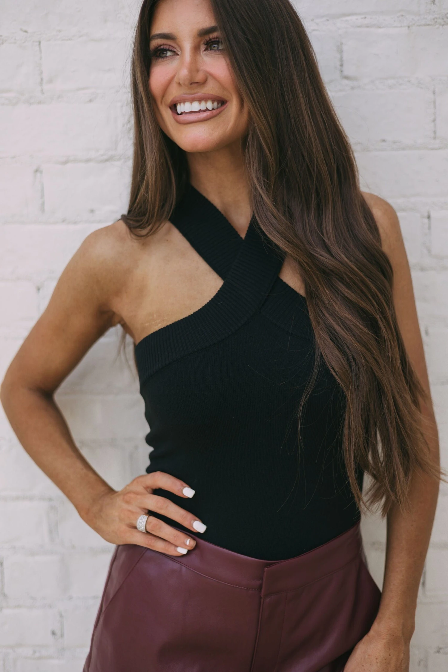 Cross Neck Knit Bodysuit- Black - Image 5