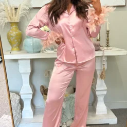 Feather Pajama Pants Set- Pink // PETITE