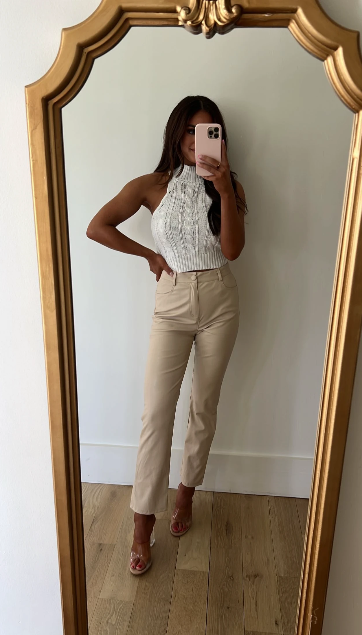 Faux Leather Straight Leg Pants- Beige - Image 5