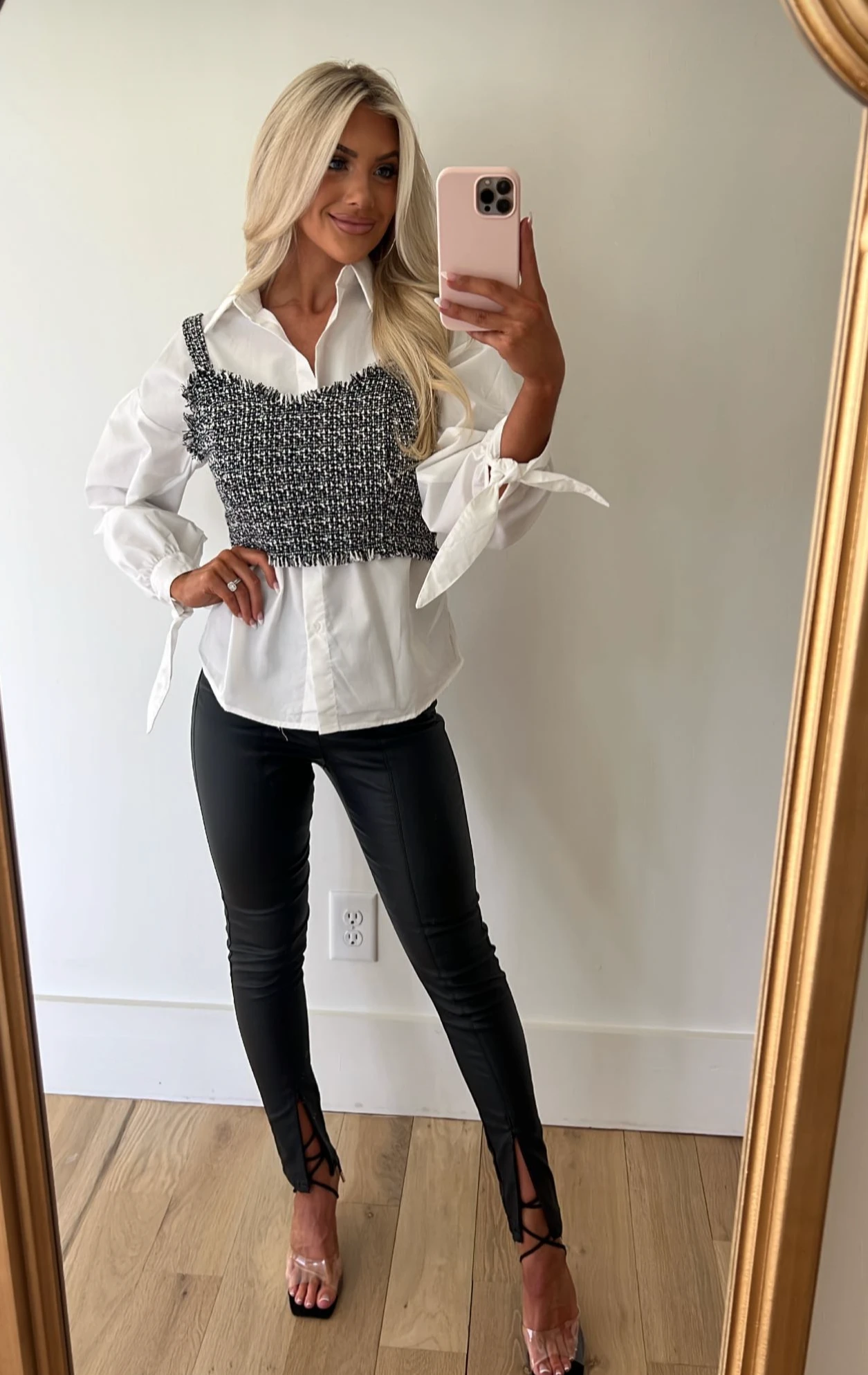 Tweed Button Down Combo Top- Black/White - Image 4