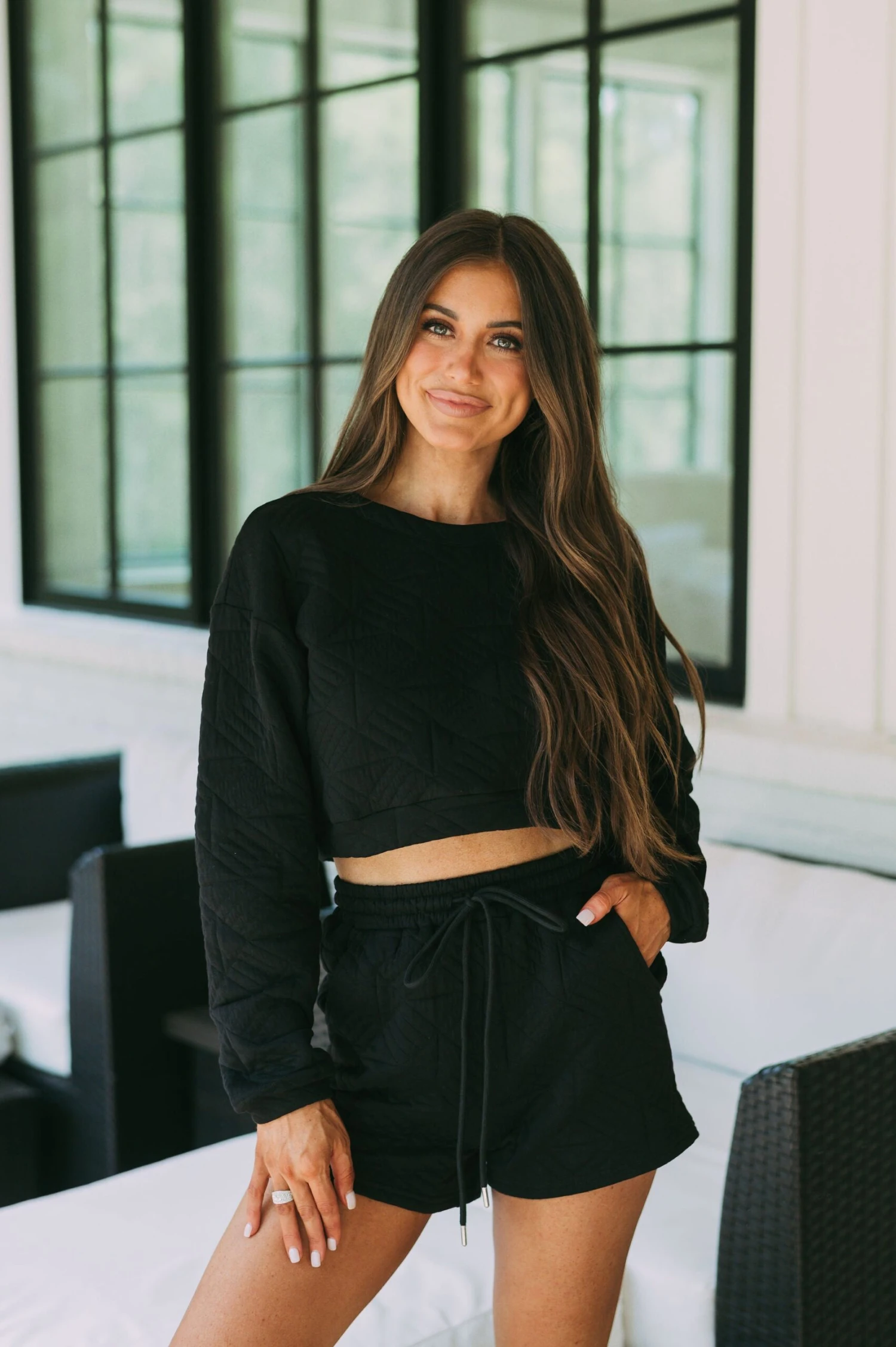 Quilted LS Shorts Set- Black - Image 7