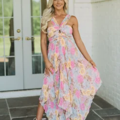 Tahiti Pleated Midi Dress- Pink Mix