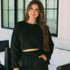 Quilted LS Shorts Set- Black