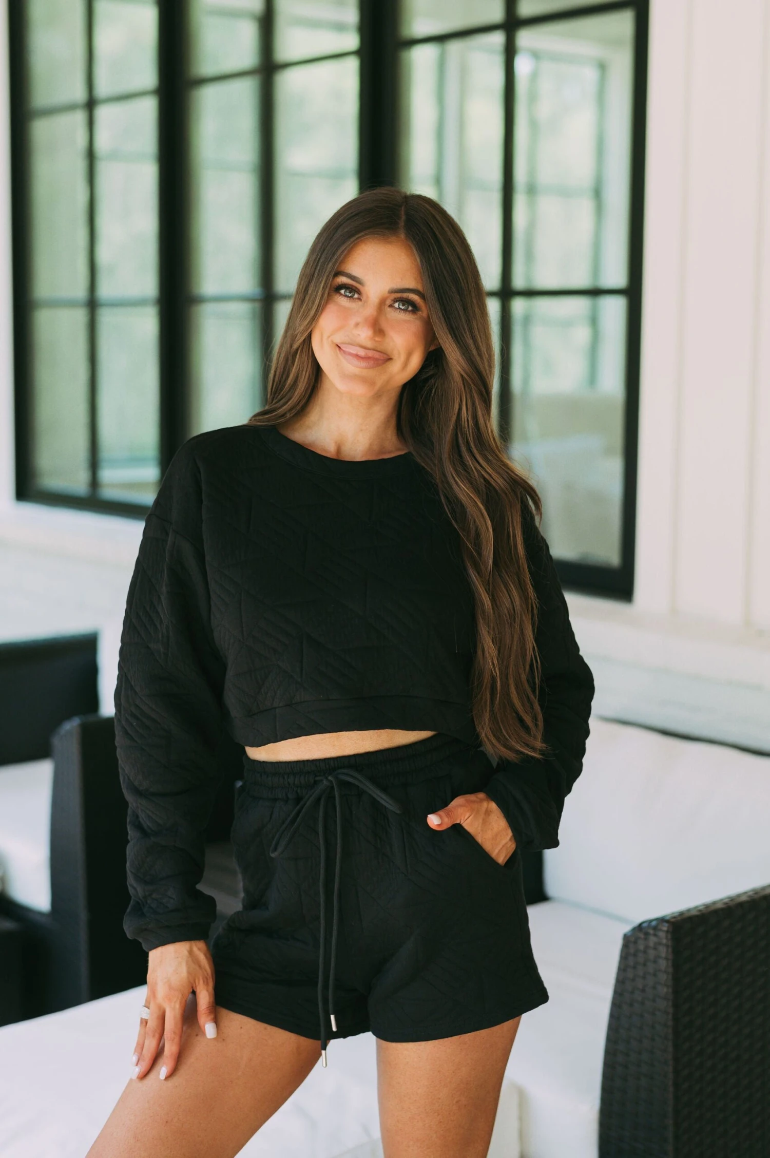 Quilted LS Shorts Set- Black