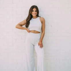 Chanley Ribbed Flare Pants- Ecru