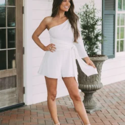 One Shoulder Side Tie Romper- Off White